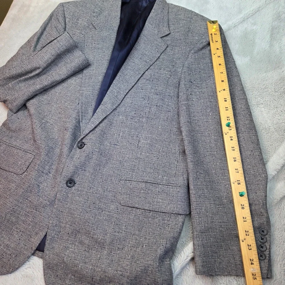 Vintage Robert Stock Silk Blazer Mens 42R Blue White Micro Check‎ Sport Coat